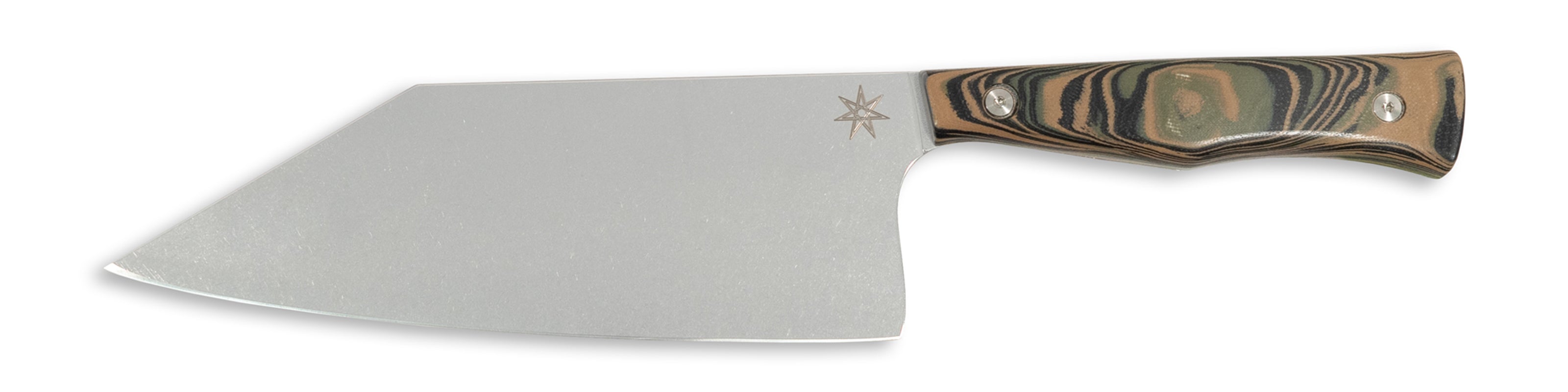 Town Cutler Culinary 2.0 kitchen chopper knife with black, green, and tan burl g-10 handle and stainless steel blade.