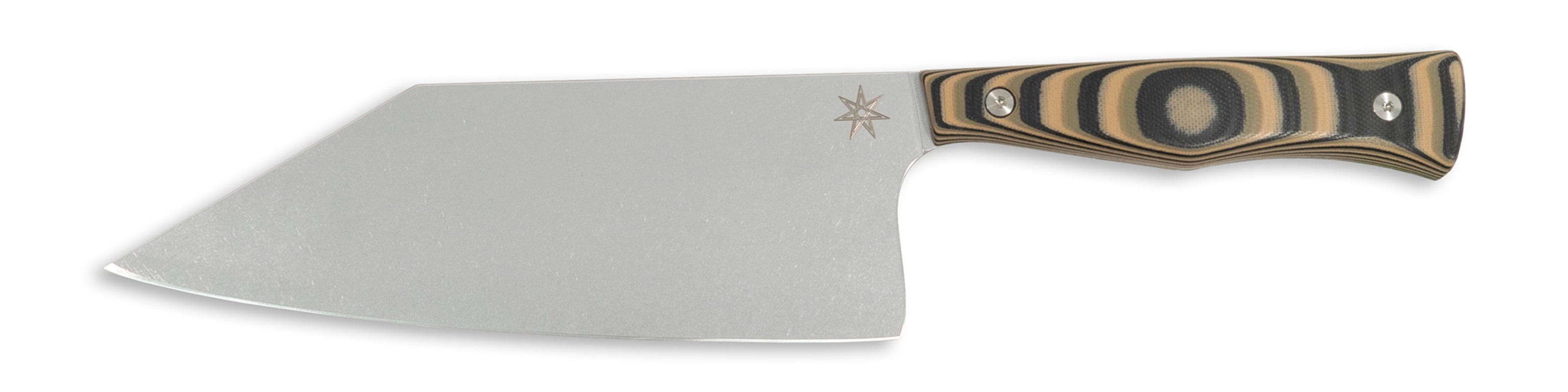 Town Cutler Culinary 2.0 kitchen chopper knife with black, green, and tan layered g-10 handle and stainless steel blade.