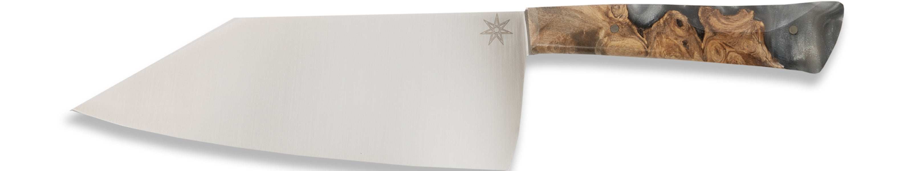 A chopper kitchen knife with a silver gray resin and wood handle on a white background.