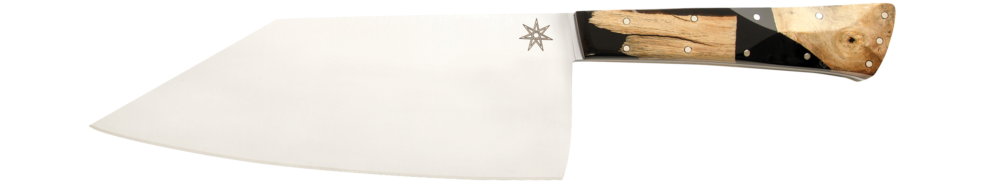 Stainless steel Desert Dawn chopper knife with buckeye burl and black resin handle by Town Cutler.