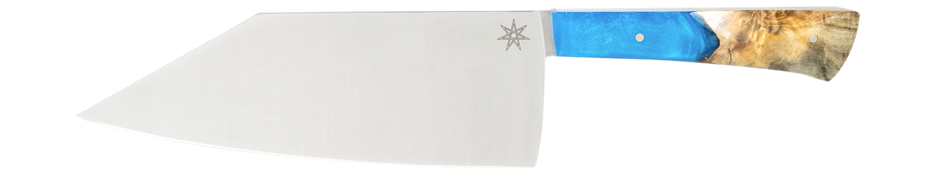 Stainless steel chopper bunka chef knife with a blue resin and wood handle on a white background.