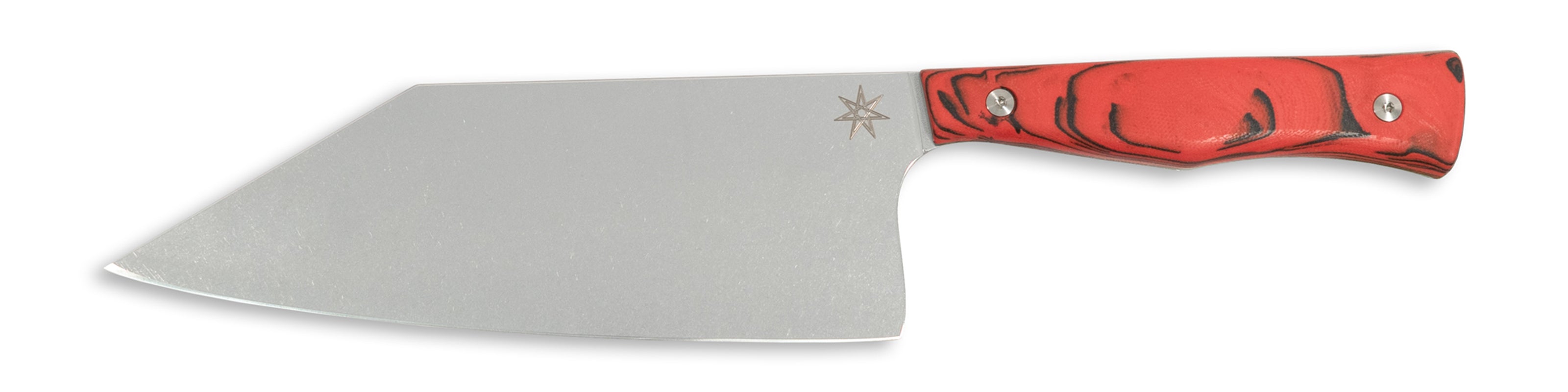 Town Cutler Culinary 2.0 kitchen chopper knife with red and black burl g-10 handle and stainless steel blade.