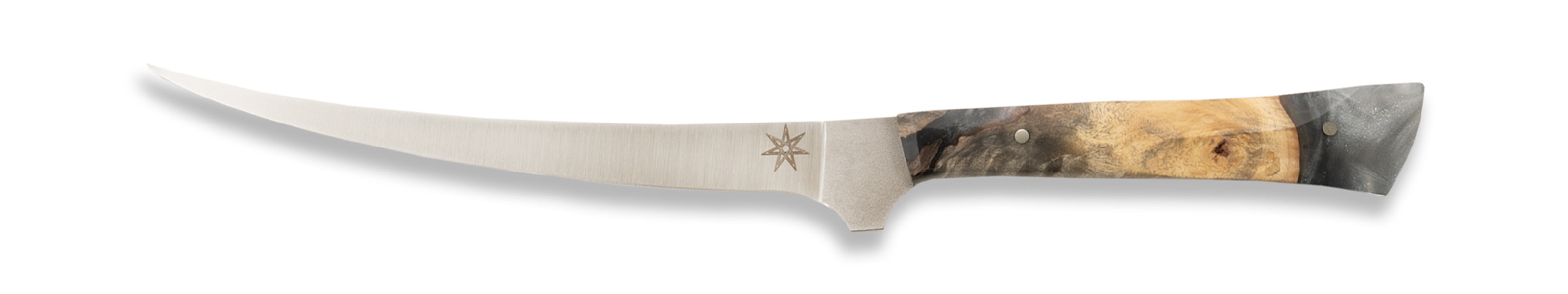 A curved boning knife with a silver gray resin and wood handle on a white background.