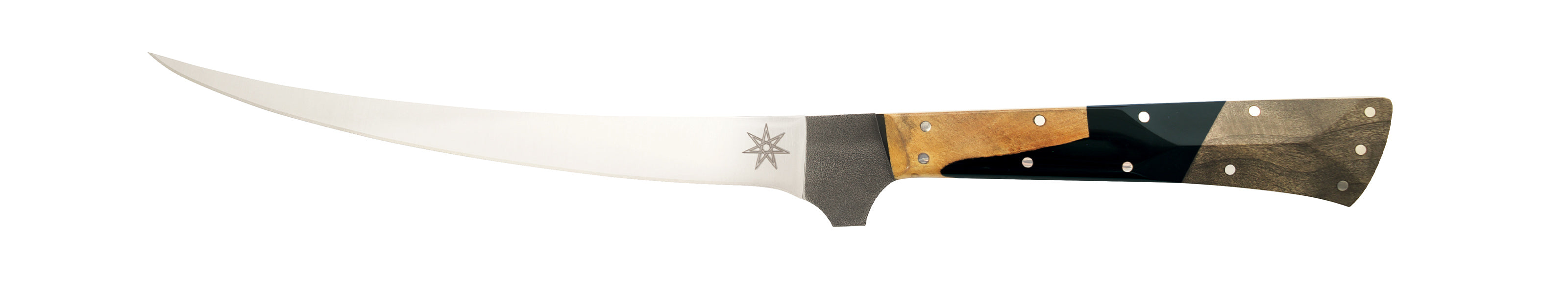 Stainless steel Desert Dawn Curved Boning Knife with buckeye burl and black resin handle by Town Cutler.