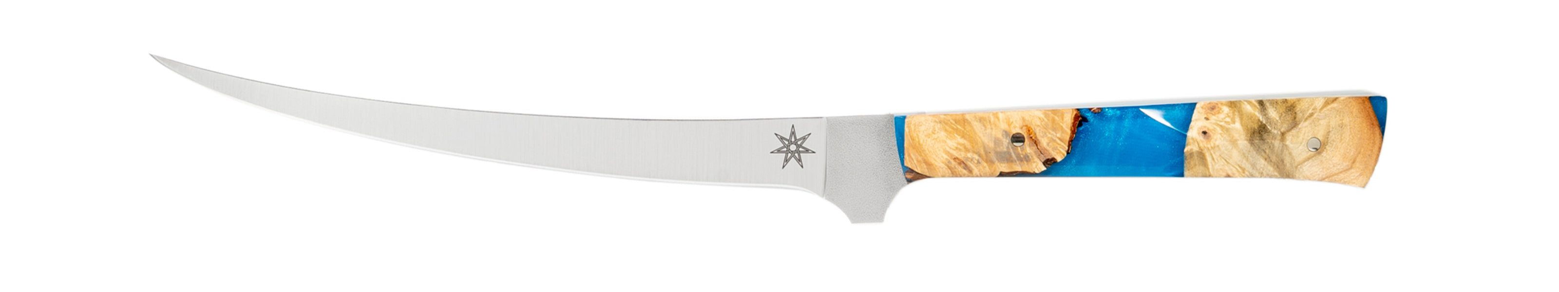 Photo of a curved boning knife with a blue resin and wood handle on a white background.