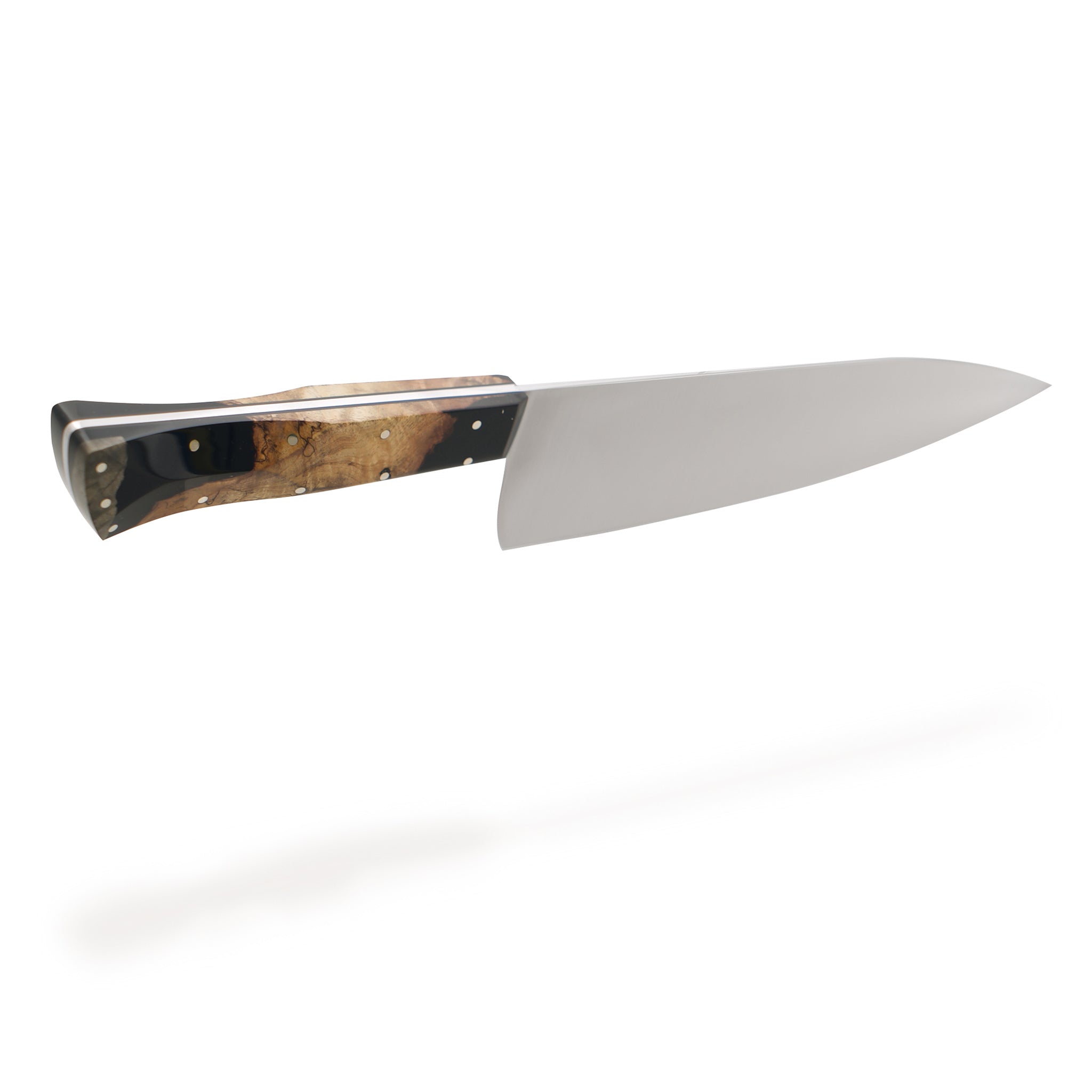 Stainless steel Desert Dawn Kitchen 7" Chef Knife with buckeye burl and black resin handle by Town Cutler.