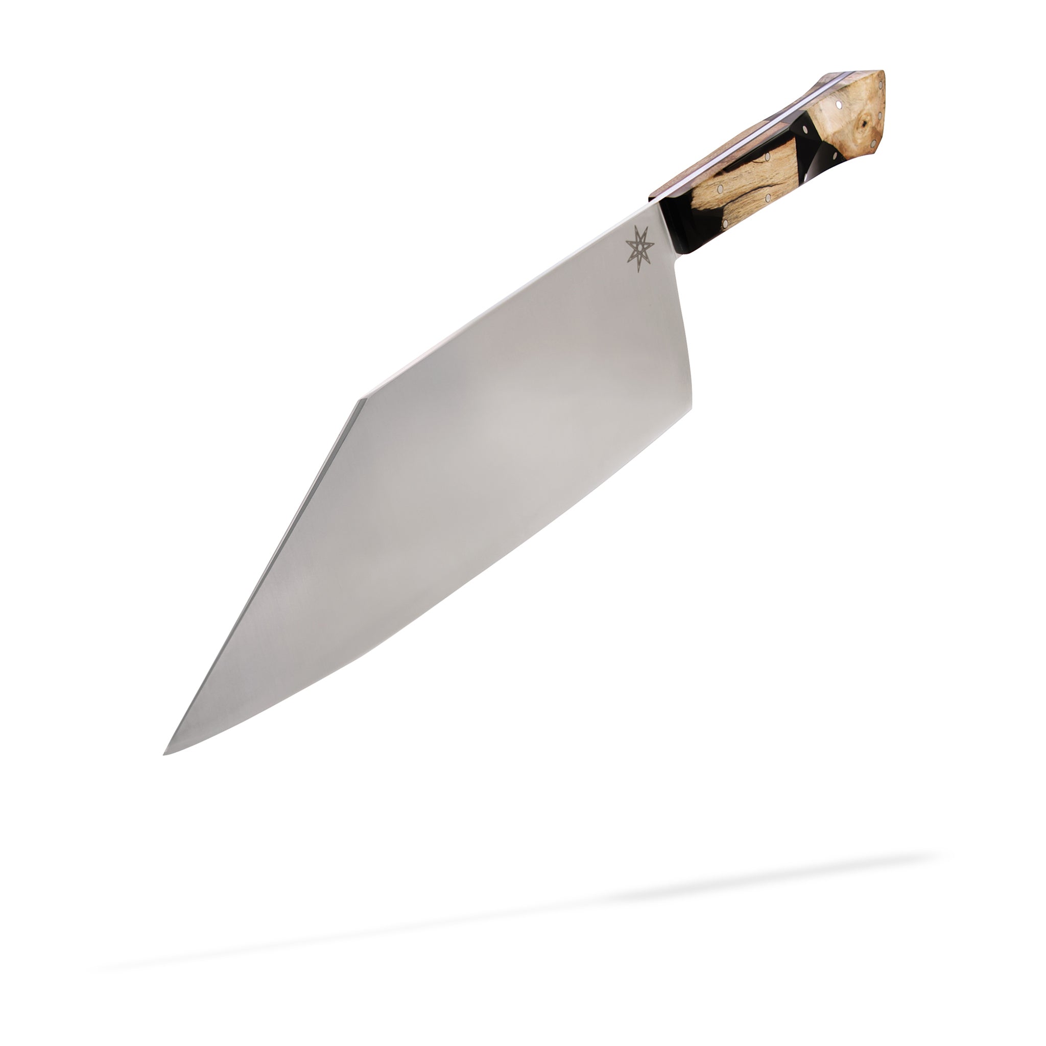 Stainless steel Desert Dawn Kitchen Chopper Knife with buckeye burl and black resin handle by Town Cutler.