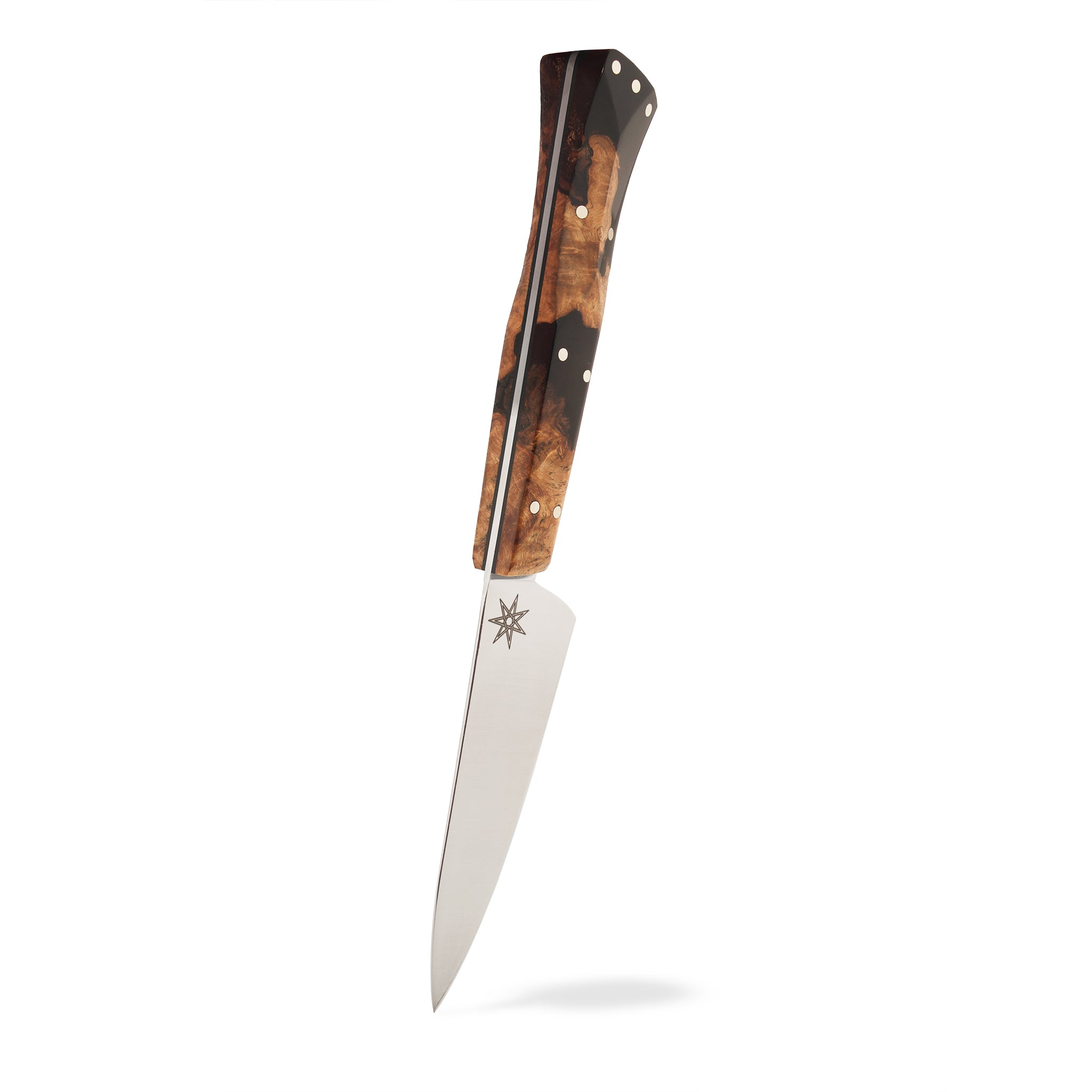 Detail photo of Town Cutler Stainless steel Desert Dawn Kitchen Paring Knife with buckeye burl and black resin handle.
