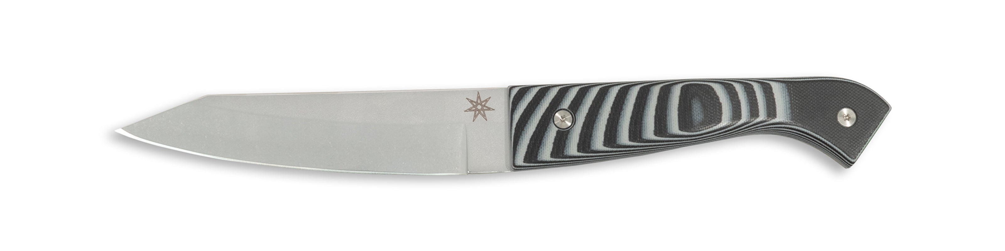 Town Cutler Culinary 2.0 hankotsu knife with black and gray layered g-10 handle and stainless steel blade.