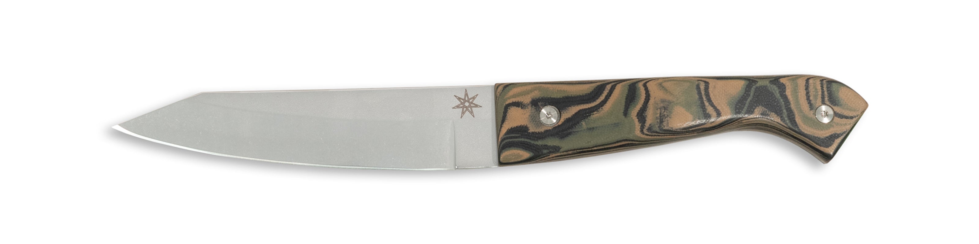 Town Cutler Culinary 2.0 hankotsu butcher knife with black, green, and tan burl g-10 handle and stainless steel blade.