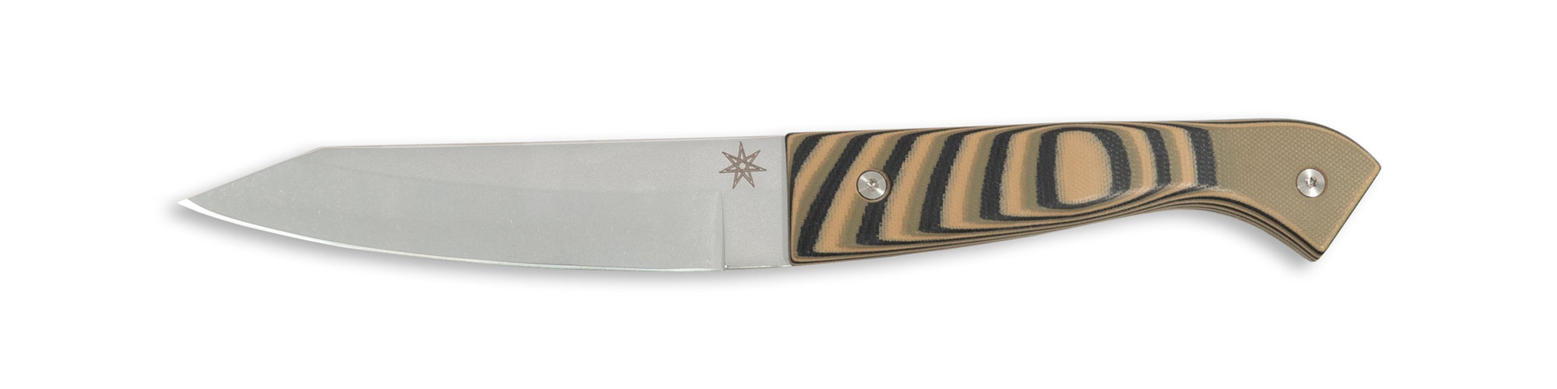 Town Cutler Culinary 2.0 hankotsu butcher knife with black, green, and tan layered g-10 handle and stainless steel blade.