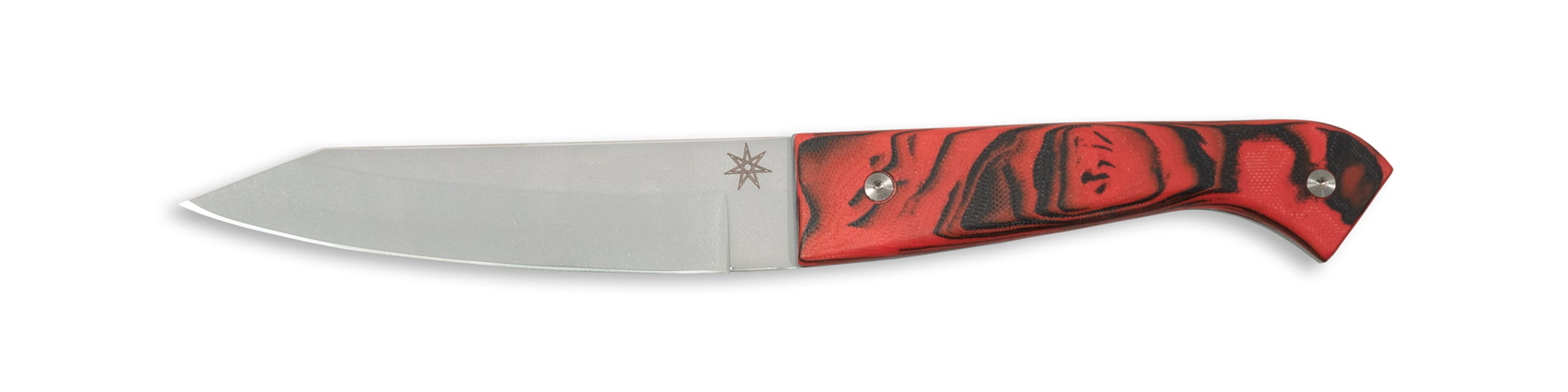 Town Cutler Culinary 2.0 hankotsu butcher knife with red and black burl g-10 handle and stainless steel blade.