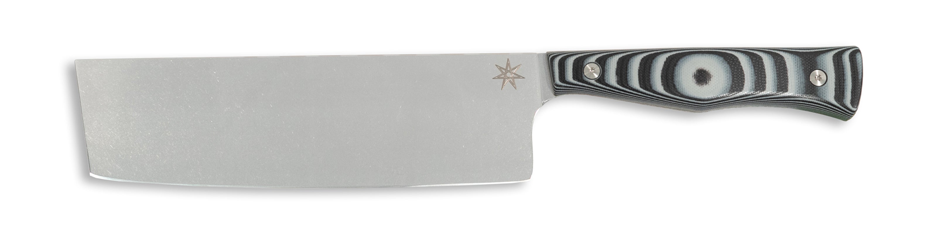 Town Cutler Culinary 2.0 nakiri knife with black and gray layered g-10 handle and stainless steel blade.
