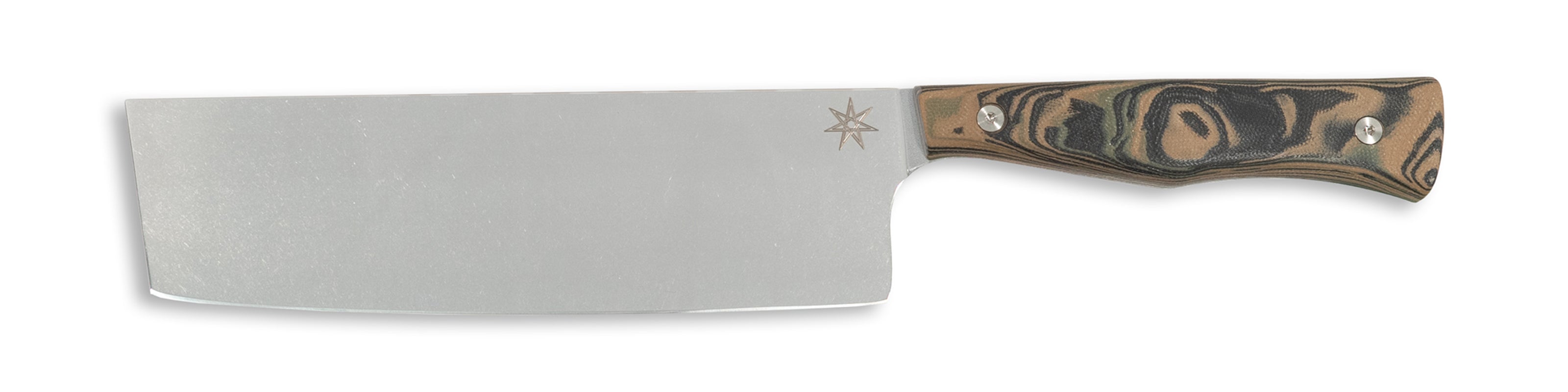 Town Cutler Culinary 2.0 kitchen vegetable nakiri knife with black, green, and tan burl g-10 handle and stainless steel blade.