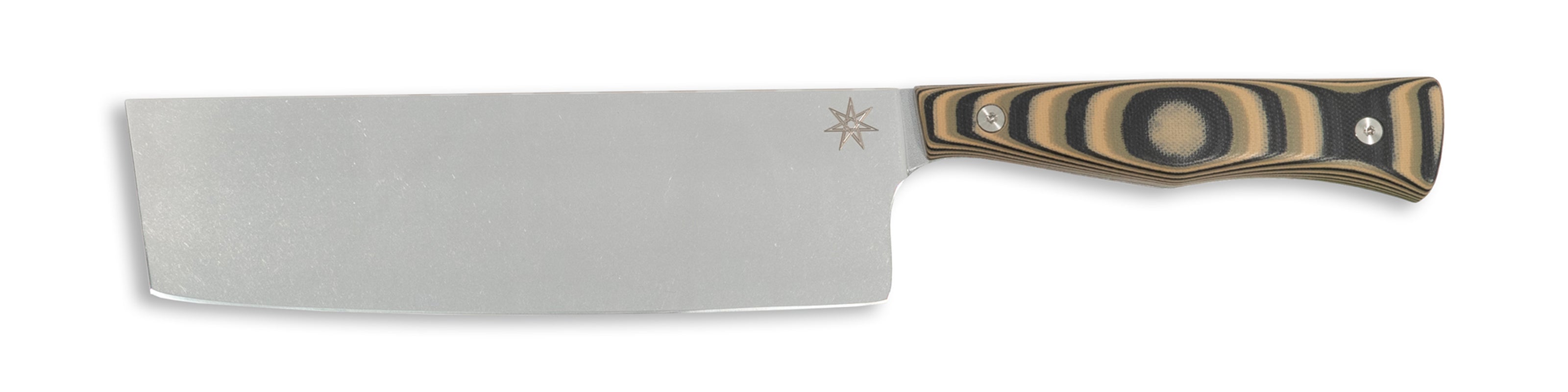 Town Cutler Culinary 2.0 kitchen vegetable nakiri knife with black, green, and tan layered g-10 handle and stainless steel blade.