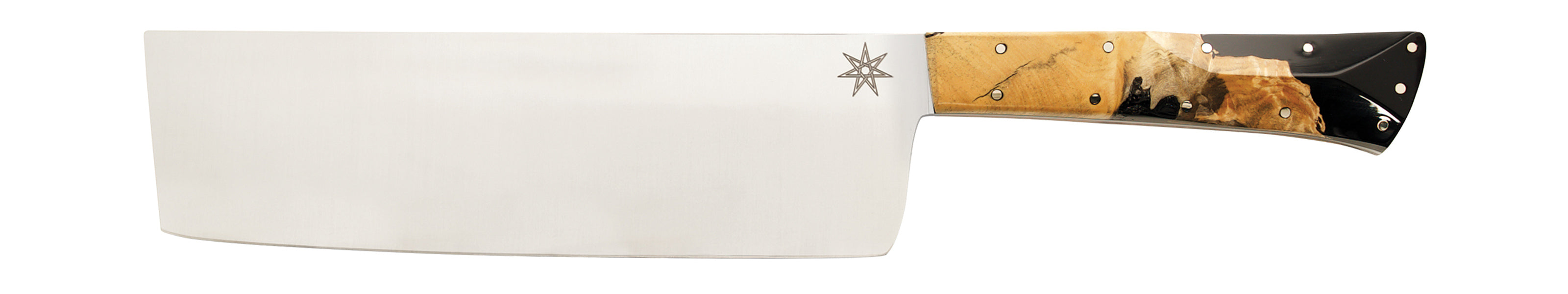 Stainless steel Desert Dawn nakiri vegetable knife with buckeye burl and black resin handle by Town Cutler.