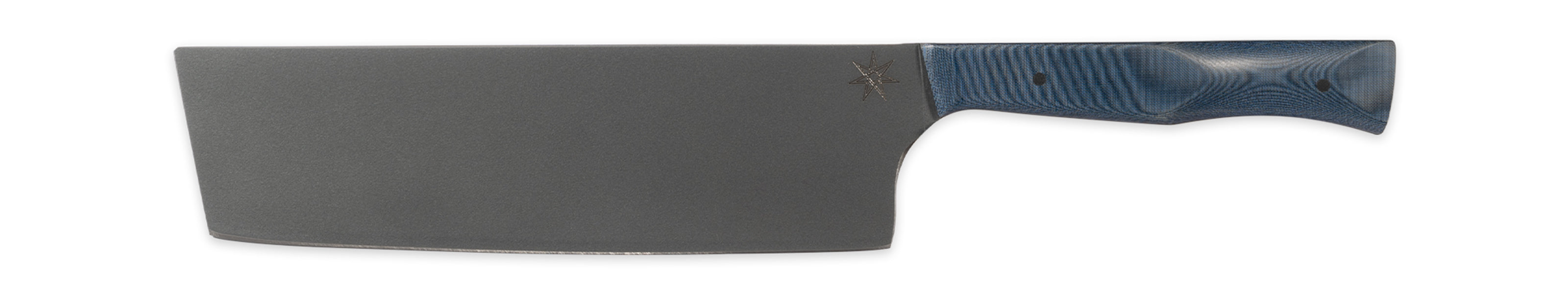 Stainless steel eXo Blue nakiri vegetable knife with blue linen micarta handle by Town Cutler.