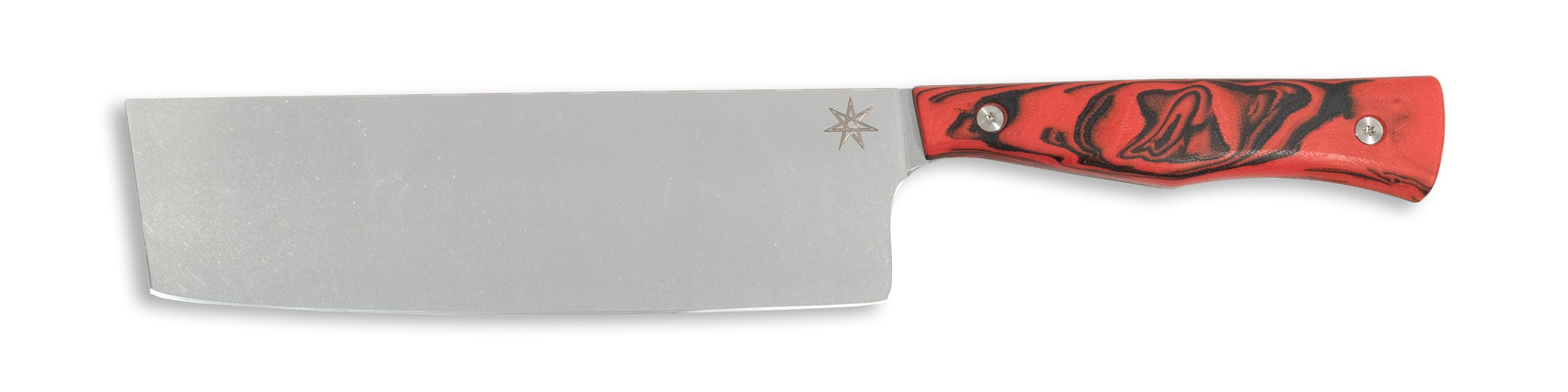 Town Cutler Culinary 2.0 nakiri vegetable knife with red and black burl g-10 handle and stainless steel blade.