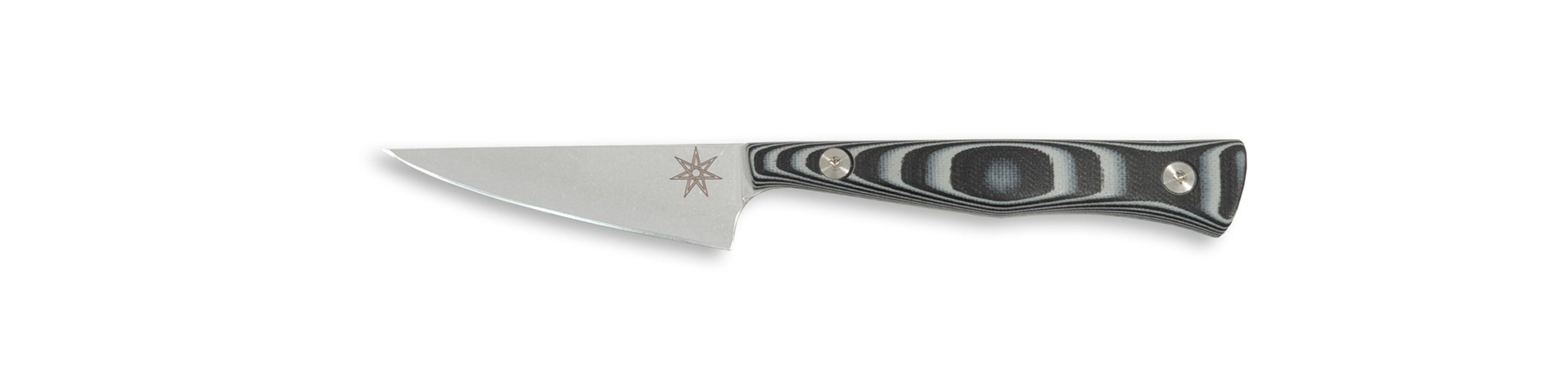 Town Cutler Culinary 2.0 paring knife with black and gray layered g-10 handle and stainless steel blade.