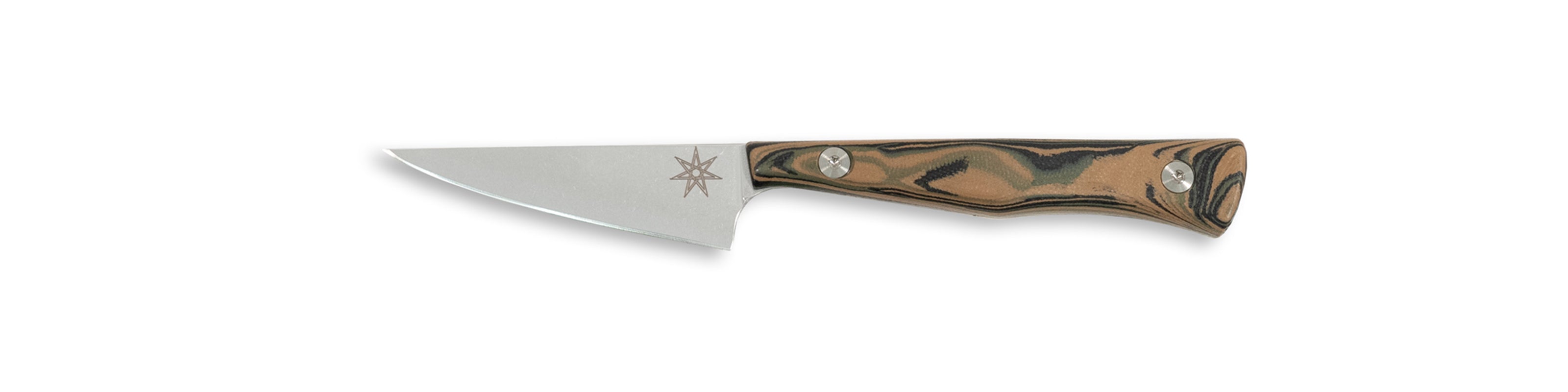 Town Cutler Culinary 2.0 kitchen paring knife with black, green, and tan burl g-10 handle and stainless steel blade.