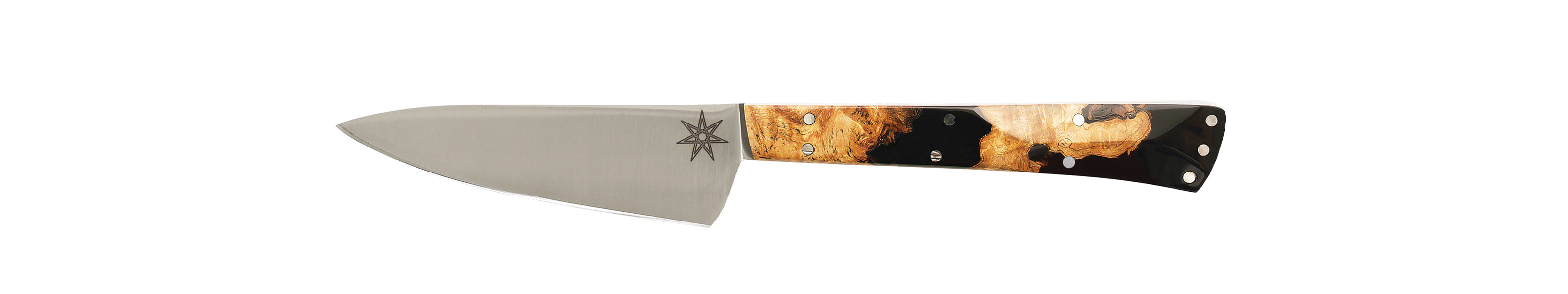 Stainless steel Desert Dawn Kitchen Paring Knife with buckeye burl and black resin handle by Town Cutler.