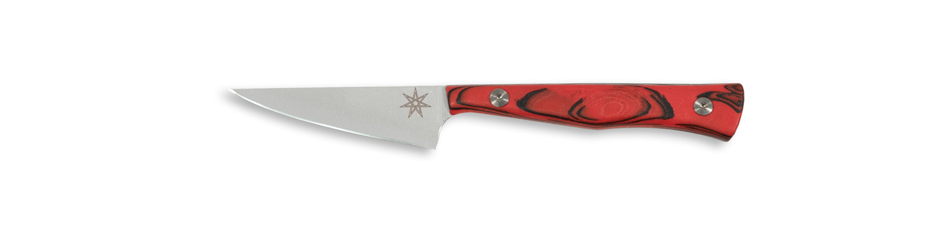 Town Cutler Culinary 2.0 kitchen paring knife with red and black burl g-10 handle and stainless steel blade.