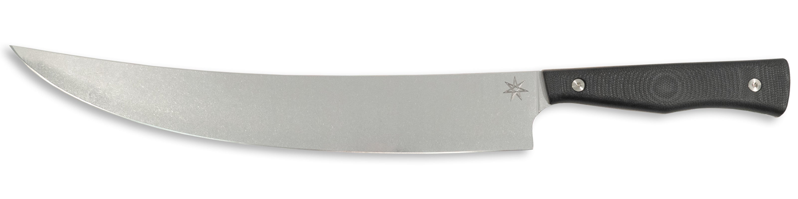 Town Cutler Culinary 2.0 scimitar knife with black g-10 handle and stainless steel blade.