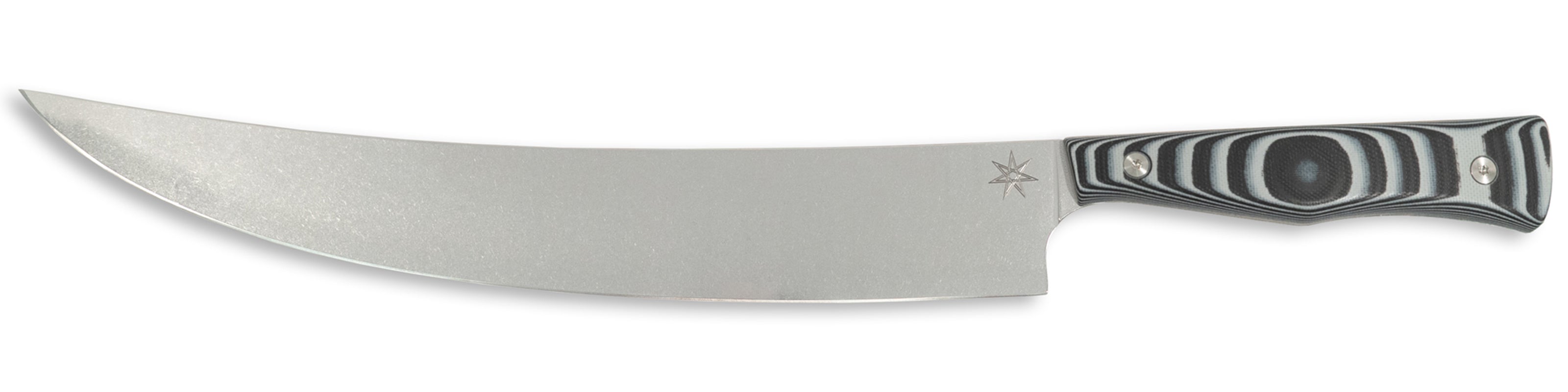 Town Cutler Culinary 2.0 scimitar knife with black and gray layered g-10 handle and stainless steel blade.