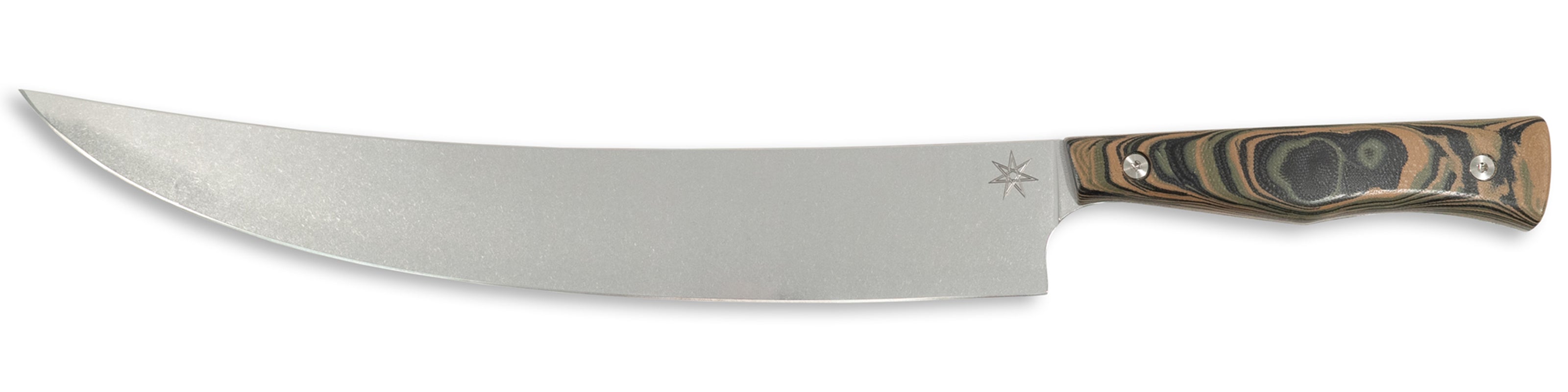 Town Cutler Culinary 2.0 scimitar butcher knife with black, green, and tan burl g-10 handle and stainless steel blade.