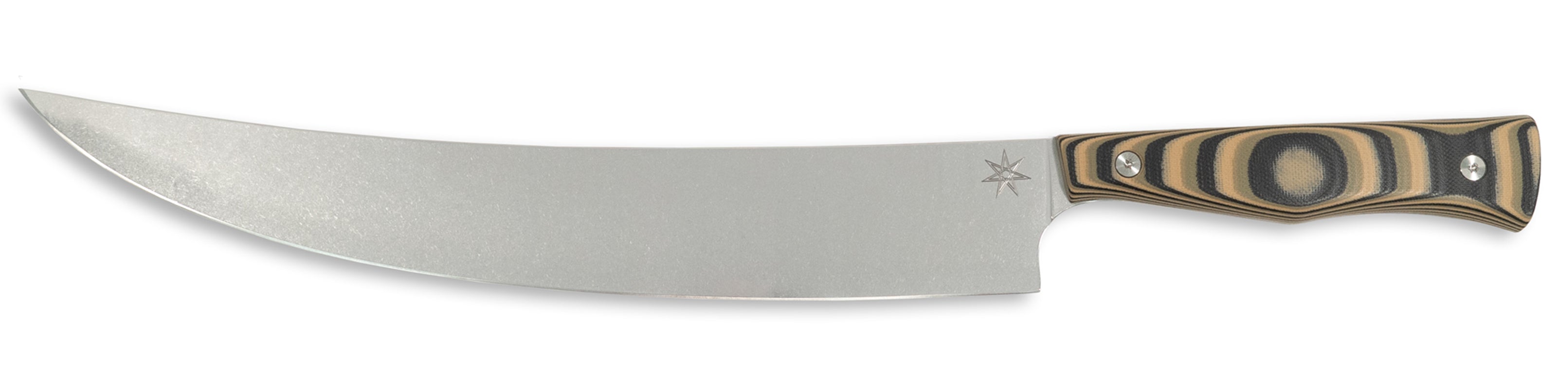 Town Cutler Culinary 2.0 scimitar butcher knife with black, green, and tan layered g-10 handle and stainless steel blade.