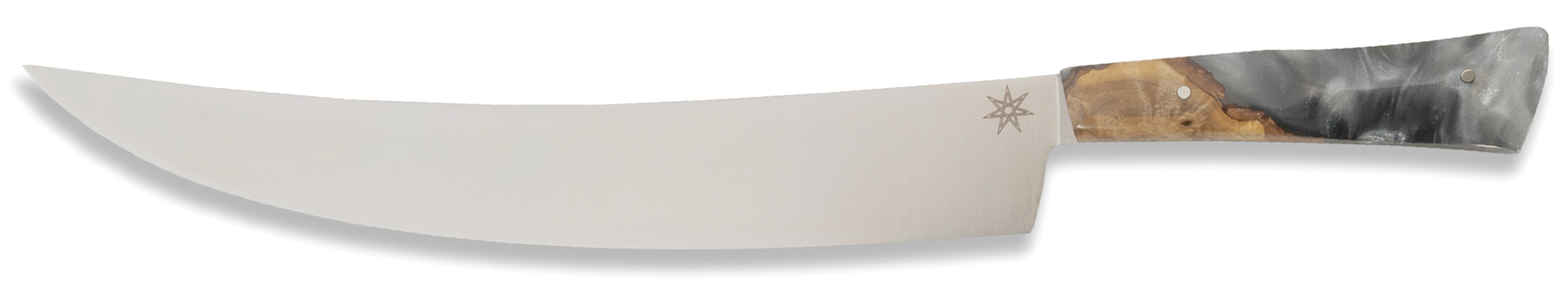 A scimitar butcher knife with a silver gray resin and wood handle on a white background.