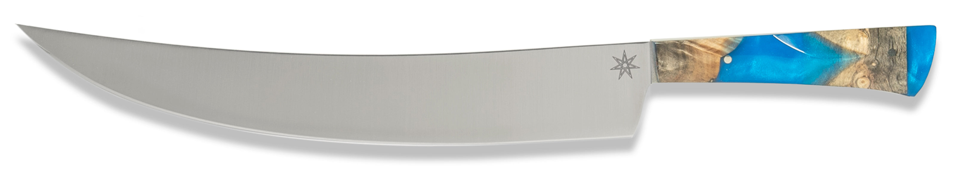 Stainless steel scimitar butcher knife with a blue resin and wood handle on a white background.
