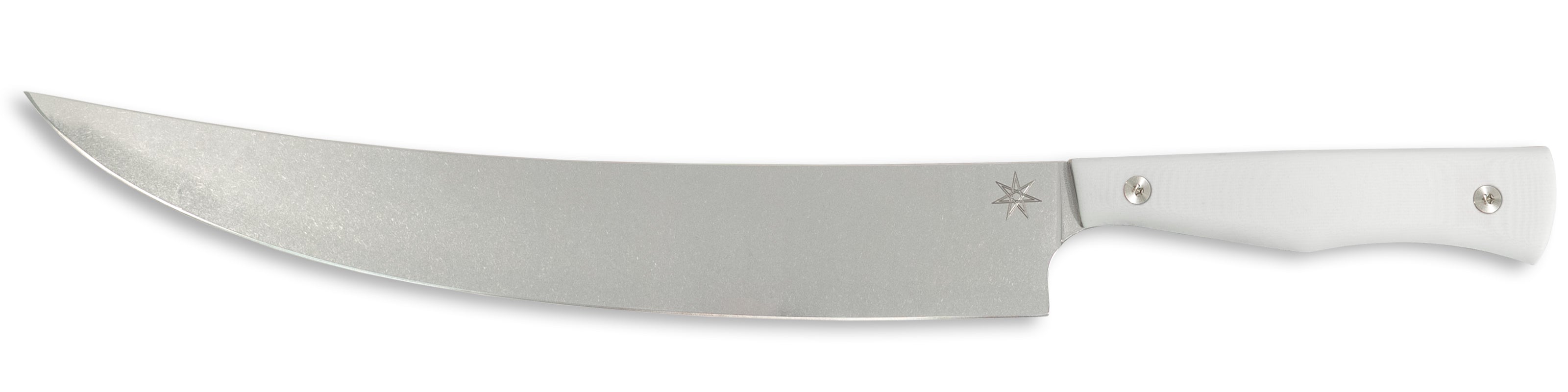 White scimitar butcher knife with stainless steel blade