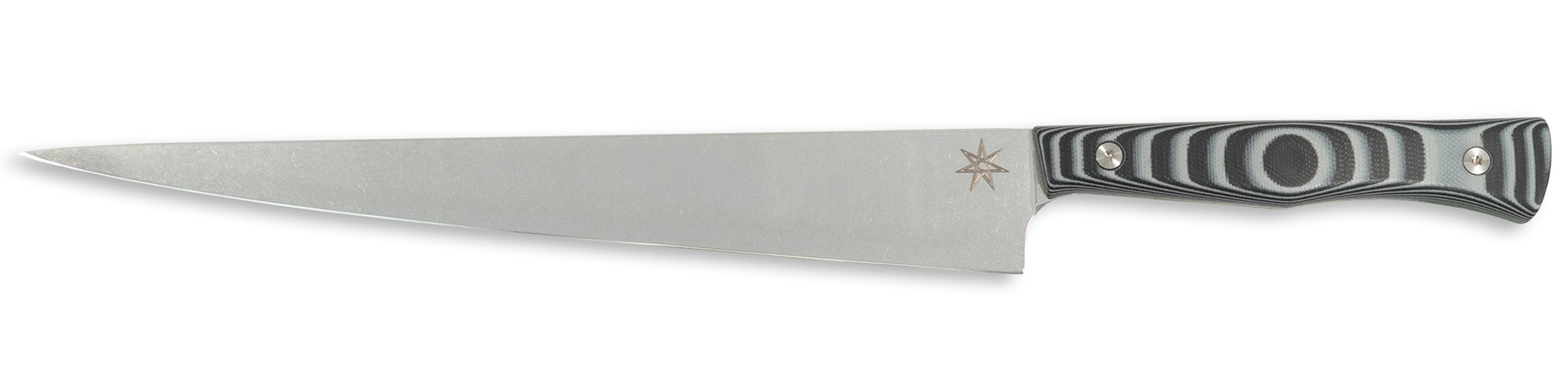 Town Cutler Culinary 2.0 slicer knife with black and gray layered g-10 handle and stainless steel blade.