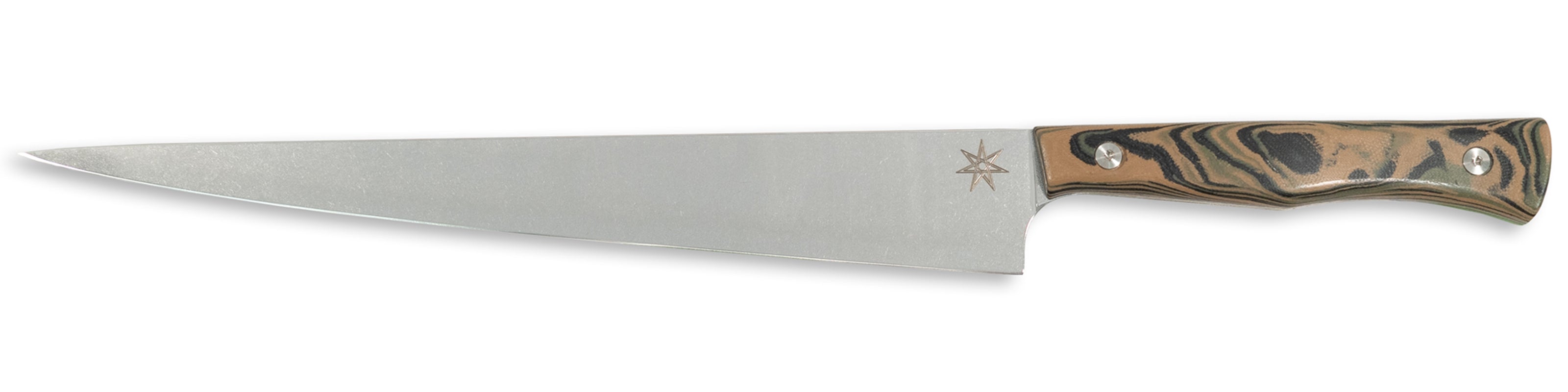 Town Cutler Culinary 2.0 slicer carving knife with black, green, and tan burl g-10 handle and stainless steel blade.