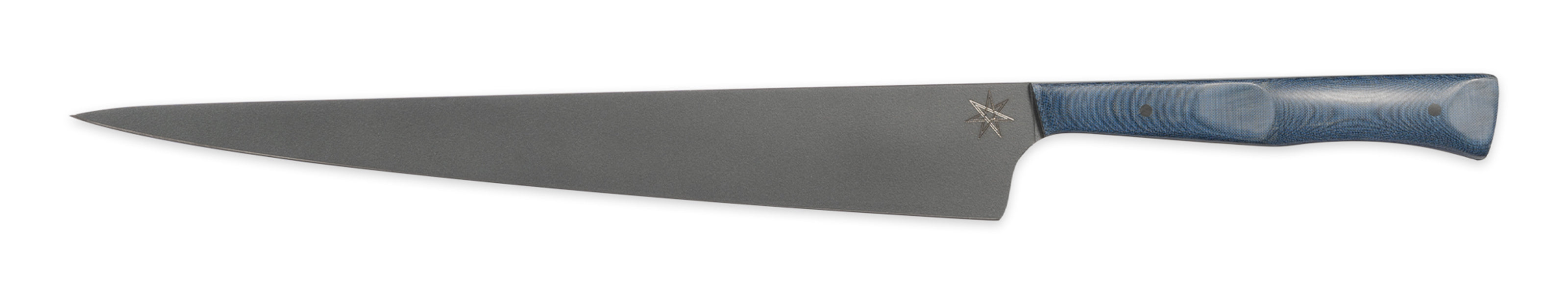 Stainless steel eXo Blue slicer carving knife with blue linen micarta handle by Town Cutler.