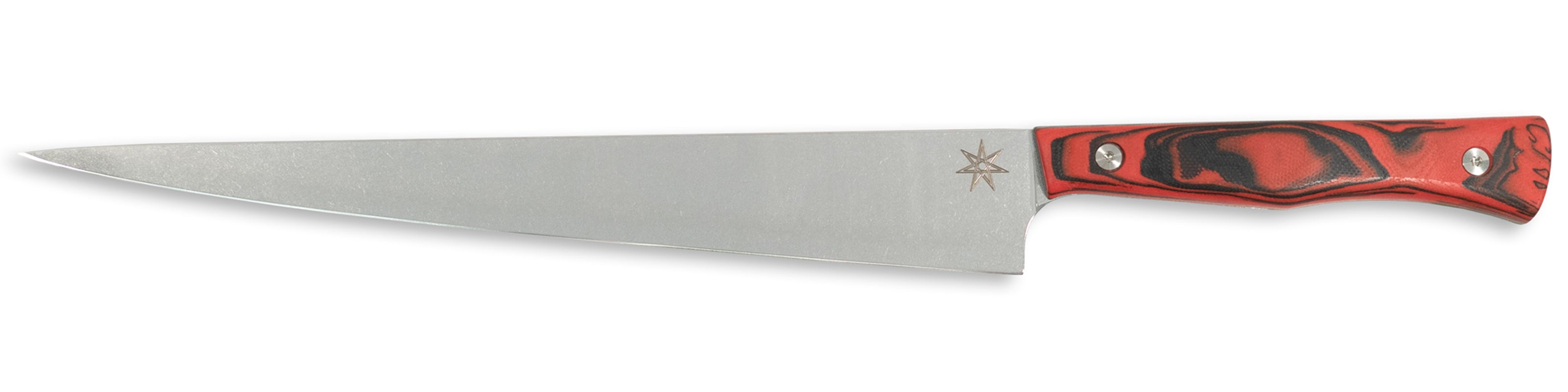 Town Cutler Culinary 2.0 slicer carving knife with red and black burl g-10 handle and stainless steel blade.