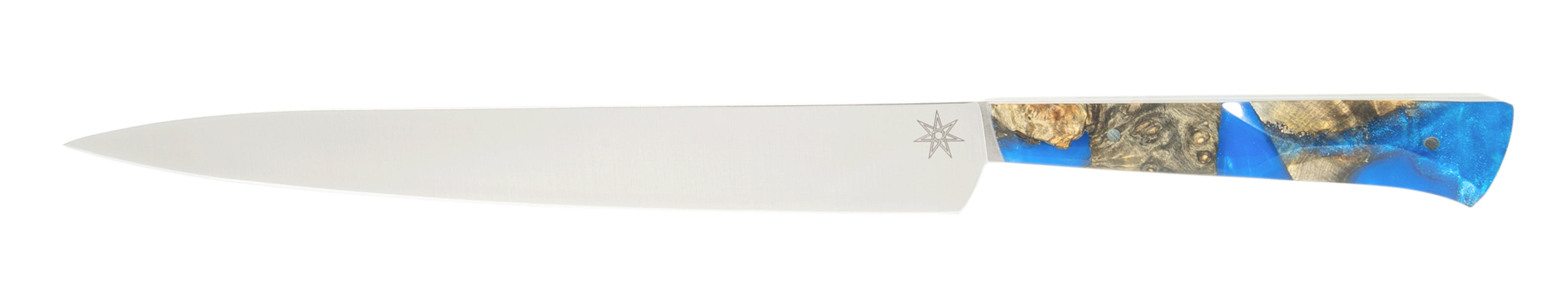 Stainless steel slicer carving knife with a blue resin and wood handle on a white background.