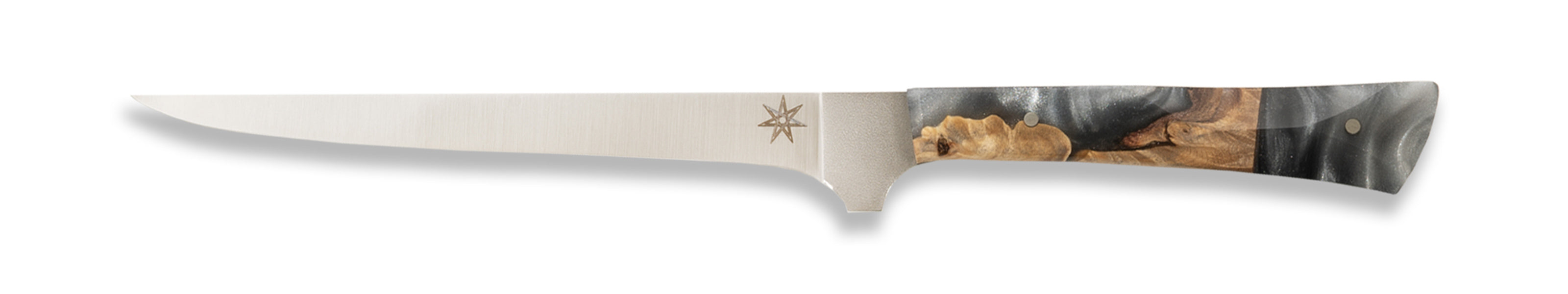 A straight boning knife with a silver gray resin and wood handle on a white background.