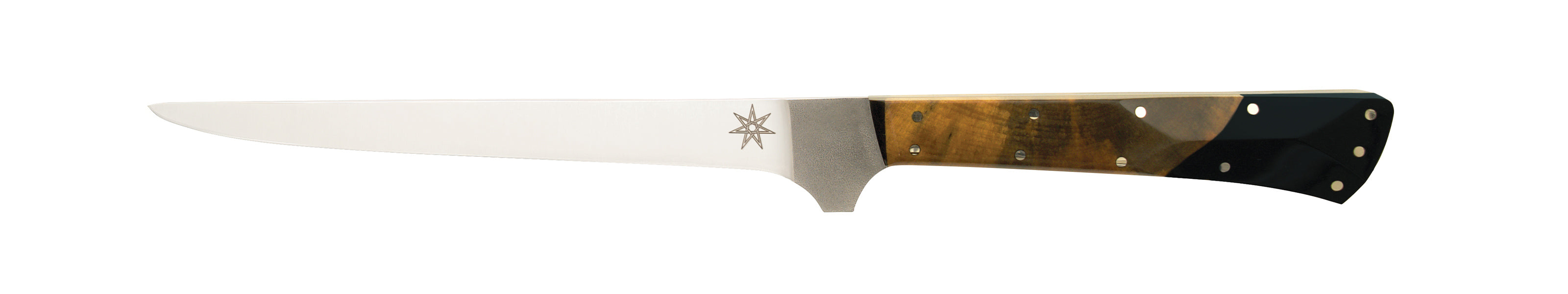 Stainless steel Desert Dawn Straight Boning Knife with buckeye burl and black resin handle by Town Cutler.