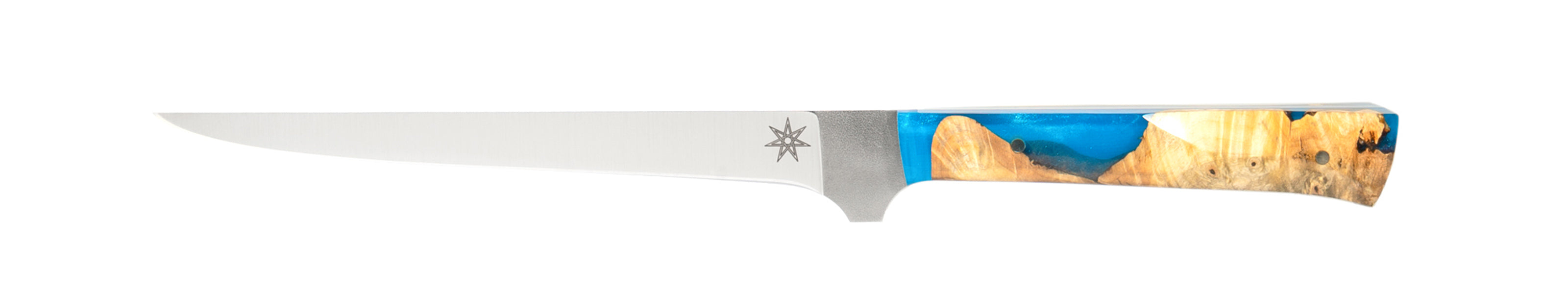Stainless steel straight boning knife with a blue resin and wood handle on a white background.