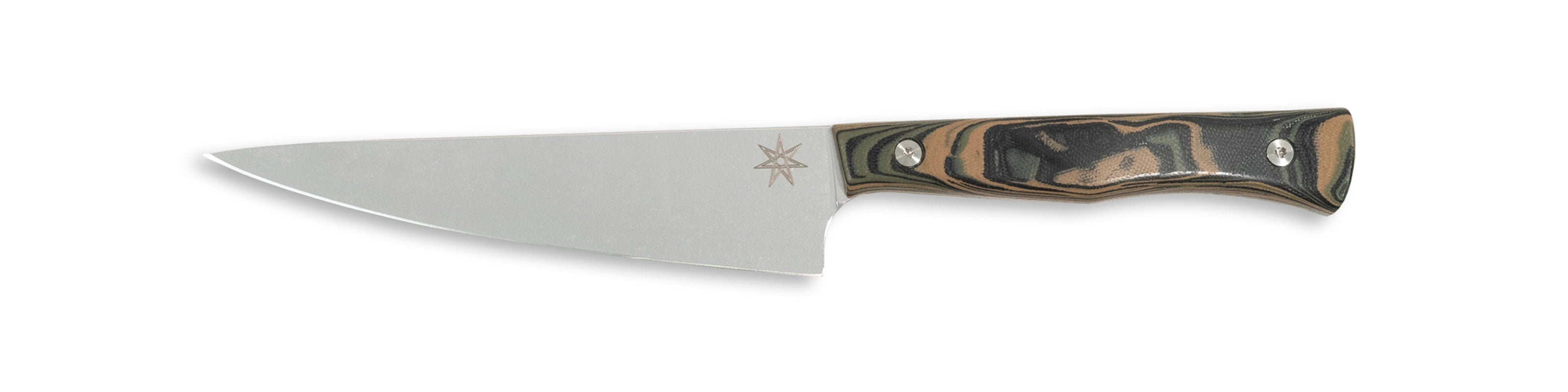 Town Cutler Culinary 2.0 kitchen utility petty knife with black, green, and tan burl g-10 handle and stainless steel blade.