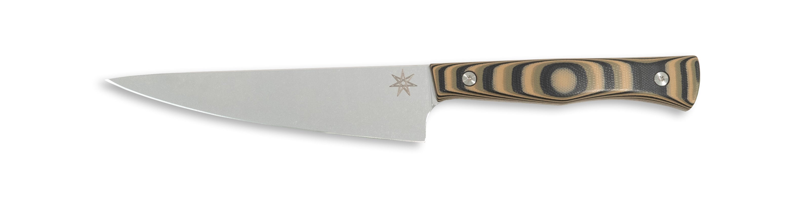 Town Cutler Culinary 2.0 kitchen utility petty knife with black, green, and tan layered g-10 handle and stainless steel blade.