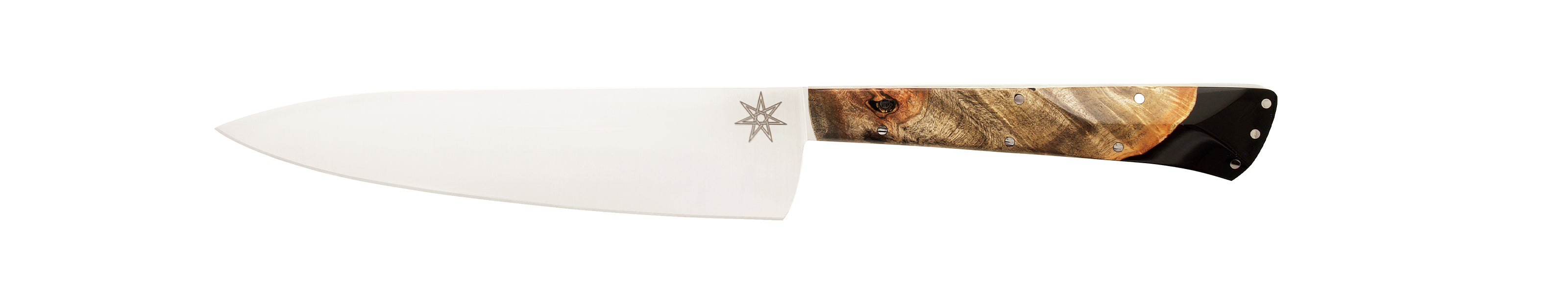 Stainless steel Desert Dawn Kitchen Utility Knife with buckeye burl and black resin handle by Town Cutler.