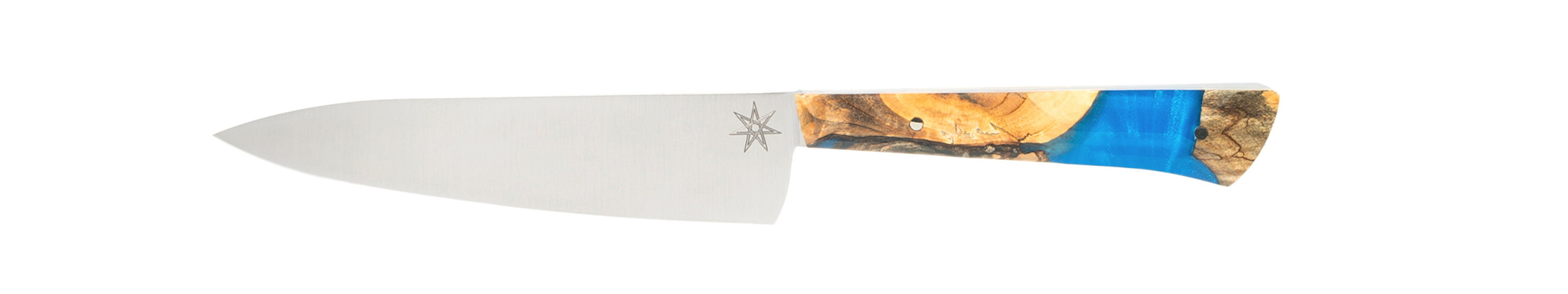 Stainless steel kitchen utility petty knife with a blue resin and wood handle on a white background.