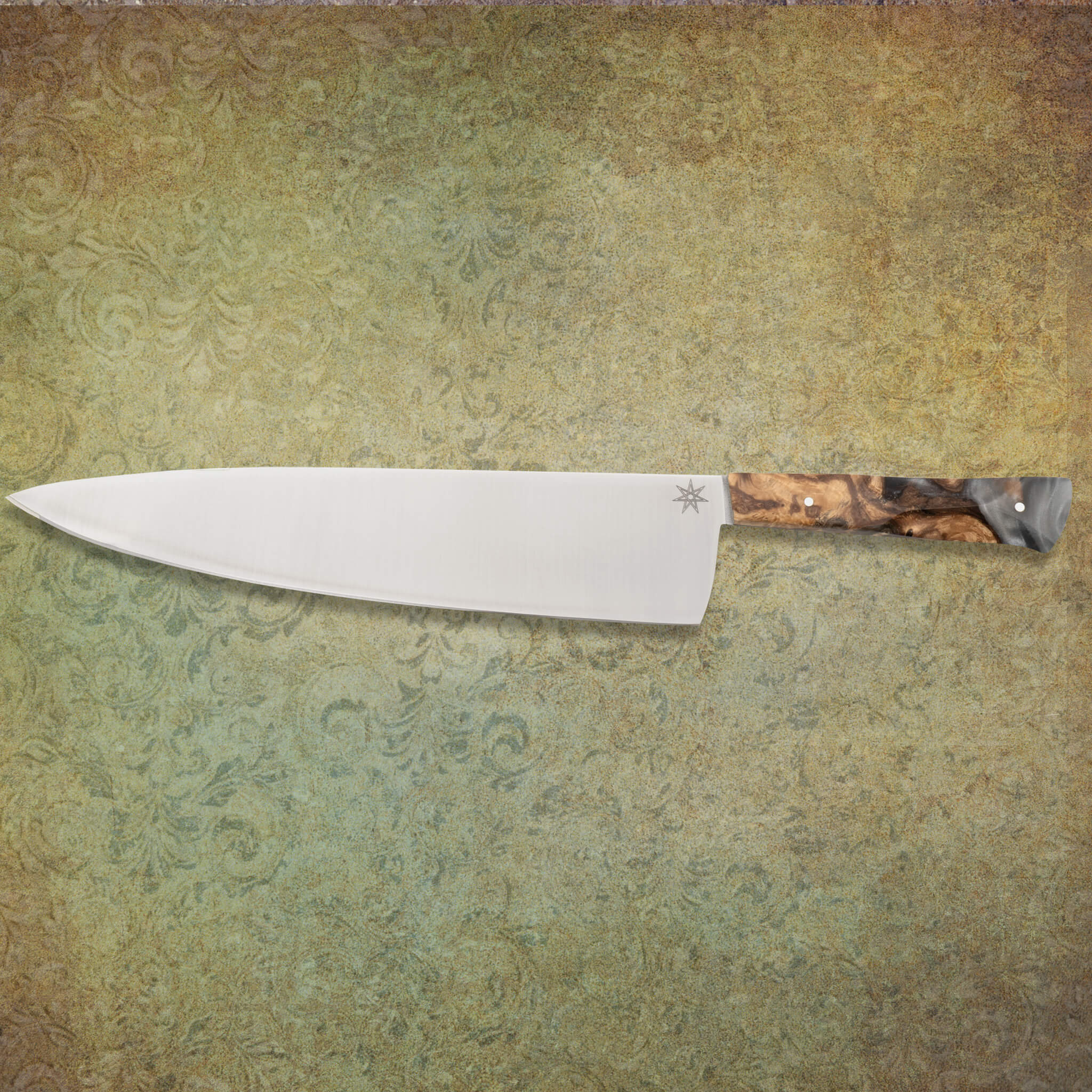 10" Stainless Steel Chef Knife with silver color resin and buckeye burl handle by Town Cutler