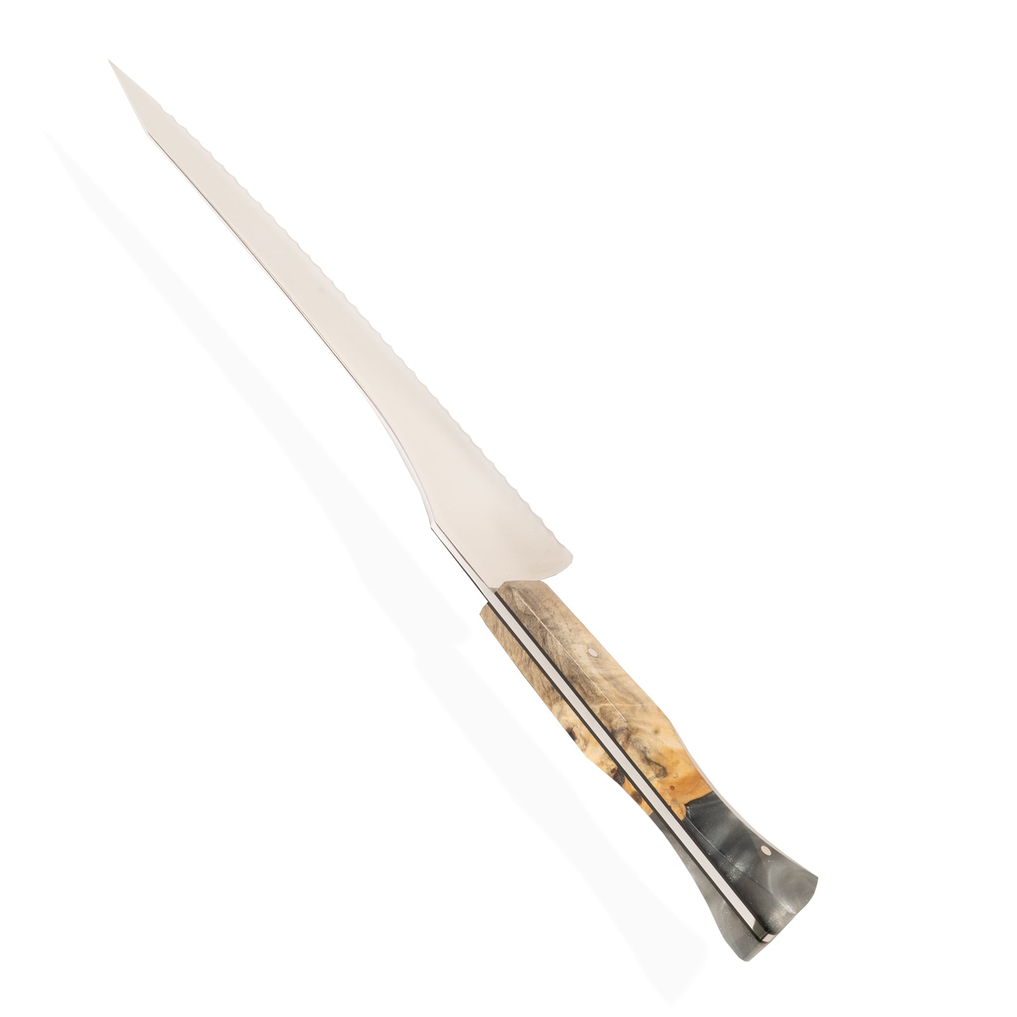 Detail photo of Town Cutler bread knife with silver gray resin and wood handle.