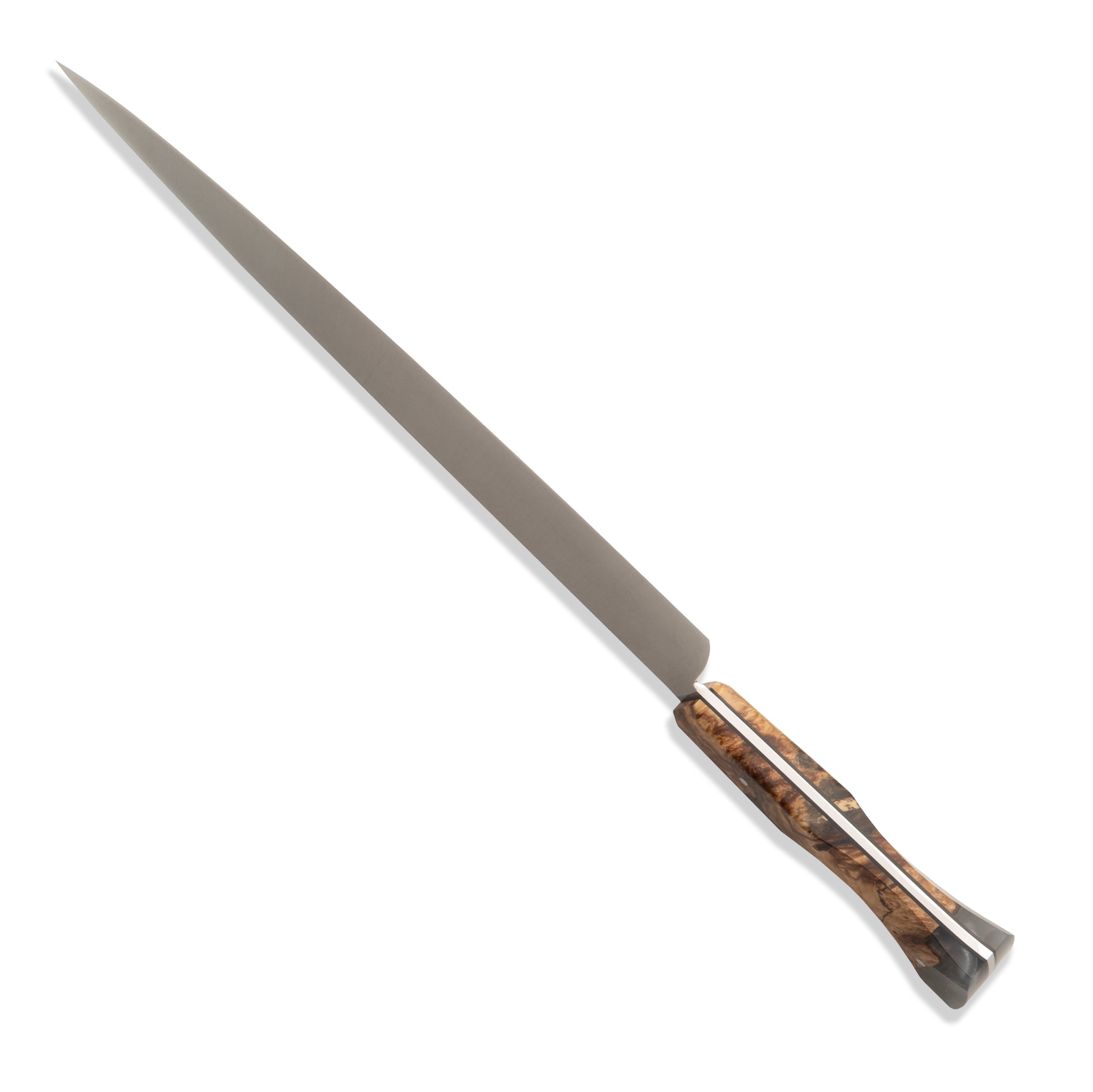 Detail photo of chef knife with a silver gray resin and wood handle on a white background.