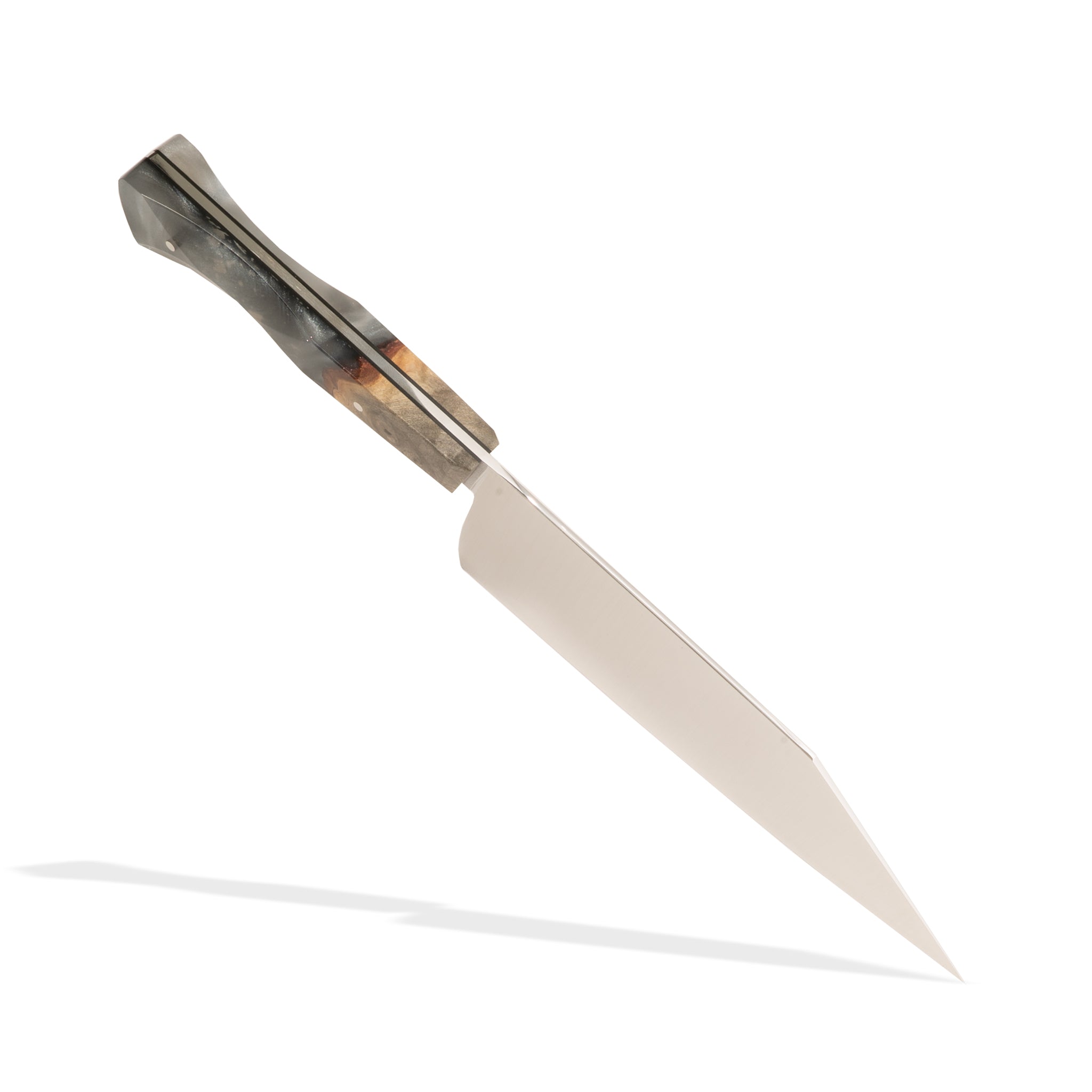 Detail photo of a chopper kitchen knife with a silver gray resin and wood handle on a white background.
