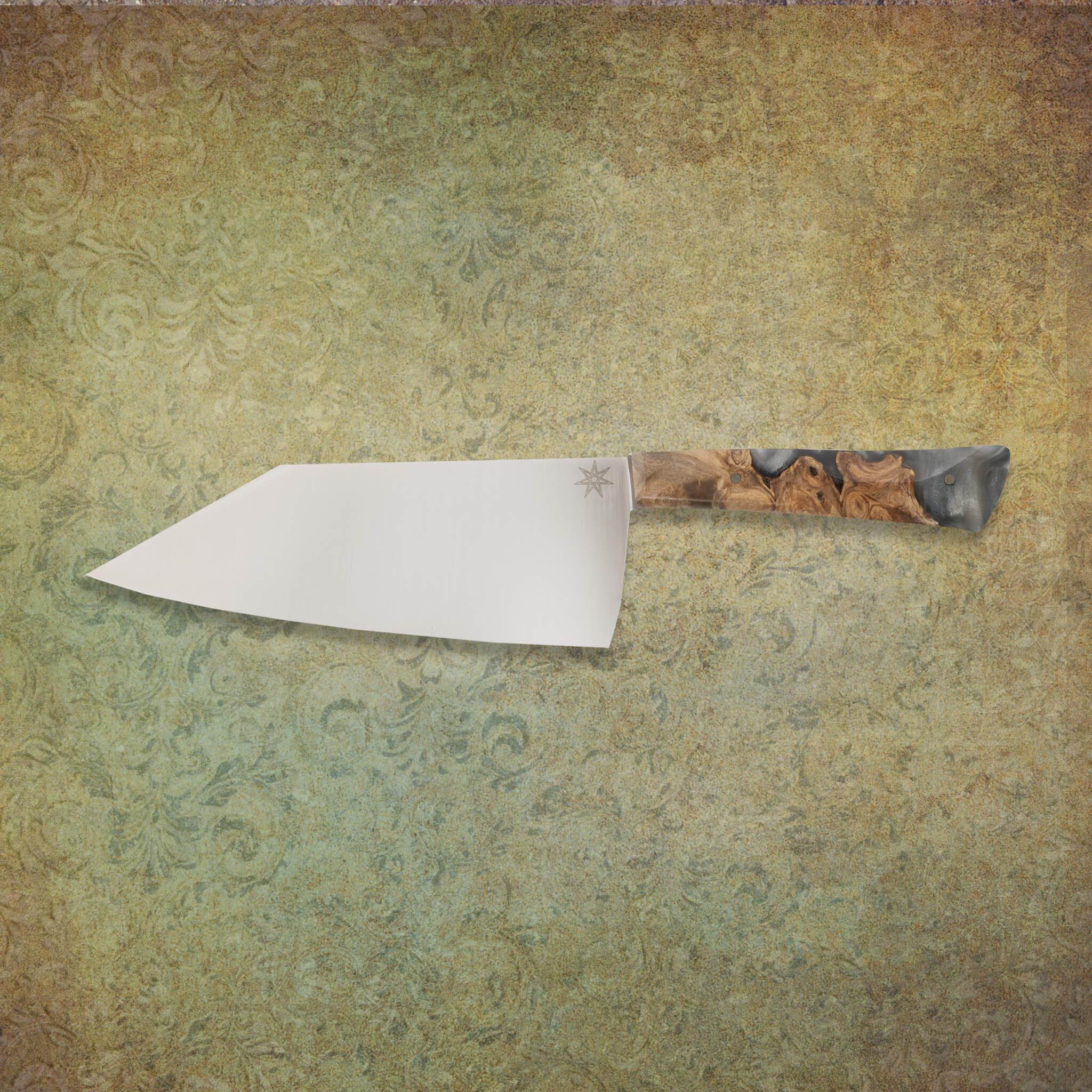 Chopper bunka-style chef knife with stainless steel blade and silvery resin and wood handle.